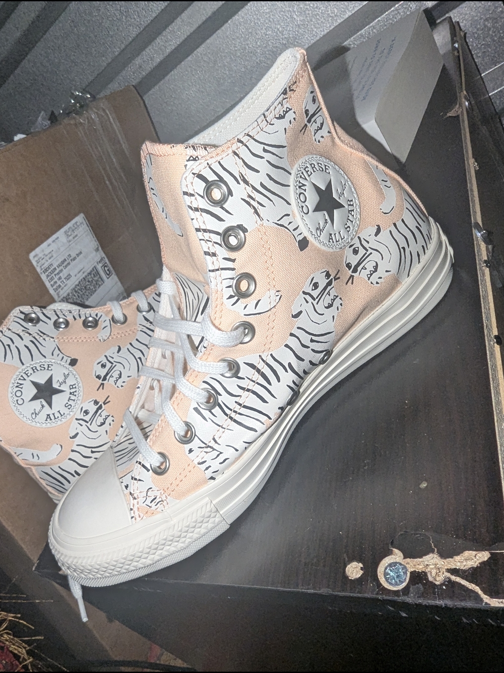 Converse CHUCK TAYLOR Peach and White Tiger Print High Top Sneakers
